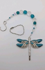 Teal Suncatcher Dragonfly Czech Fire Crystal Silver hanger Handmade Rhinestones