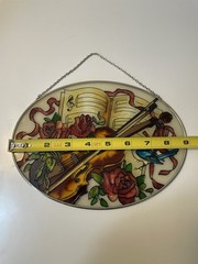 Vintage Joan Baker Art Glass Winter Suncatcher Roses Violin Music Book