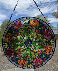 Vintage Tiffany Style Roses & Floral Colored Beautiful Sun Catcher 12×12” Round