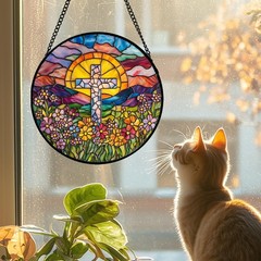 Stained Glass Cross Flower Sun Catcher for Home, Garden, Door Decor, 9.8″