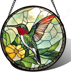 Stained Glass Window Hanging, Green Hummingbird Sun Catcher for Door Home Decor,
