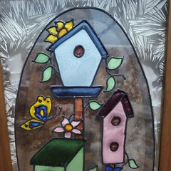 Painted Glass Bird Houses Suncatcher Wall Hanging Decor Window Hanger
