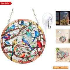 Hand-Painted 6″ Stained Glass Suncatcher with Cardinal & Hummingbird Design