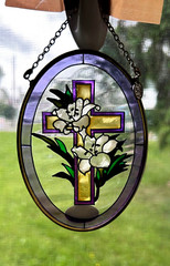 Vintage Sun Catcher Stained Glass : Cross and Flower
