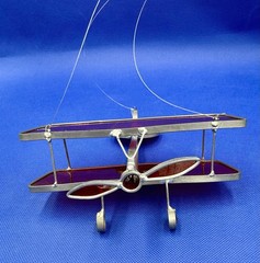 HANDMADE Lead Stained Glass Biplane Red & White Vintage