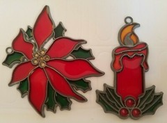 Vintage 1970s Resin Metal Poinsetta & Candle Suncatchers Stained Faux Glass MINT