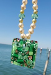 CRYSTAL SUN CATCHER with faux pearls and CRYSTAL BEADS green glass square