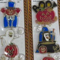 Vintage 2 Sets of 3 NOS Halloween/Fall/Autumn Pumpkin Suncatchers w/Suction Cups