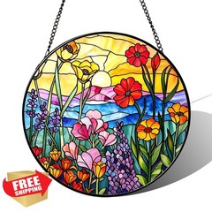 Ahbuohe Stained Glass Sun Catcher Wildflowers 7.9″