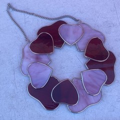 Stained Glass Heart Wreath Suncatcher Window Hanging Medium Pink Red Decor