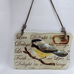 Faith Reverse Painted Chickadee Bird On Branch Sun Catcher Leather Hangar