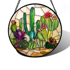 Cactus Suncatcher Diamond Glass Panel – Stained Glass Window Decor 7.8 in