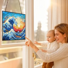HYPESTYLE Rectangle Ocean Wave Stained Glass Suncatcher 4 Season Colorful Window