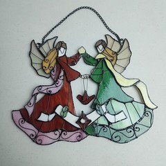 Christmas Stained Glass Angels Suncatcher With Bird Charm And Chain 10.5in
