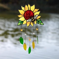 Stained Glass Suncatcher Sunflower & Ladybug Window Art, 20 x 8 Inches