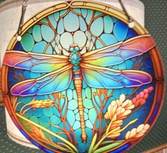 Dragonfly Sun Catcher Round Painted Glass & Metal Textured Detail Blue