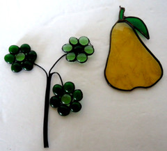 Stained Glass Sun Catchers Green Flowers Yellow Pear Handmade Estate Sale 5″