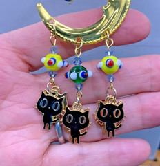 Cats Hanging From Moon Stars Glass Beads Colorful Car Charm Suncatcher CC140