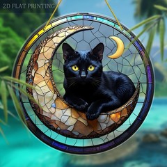 Celestial Black Cat & Crescent Moon Acrylic Suncatcher for Window Display