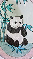 SUN CATCHER Stained Glass with PANDA BEAR & BAMBOO 9″x7″ Oval