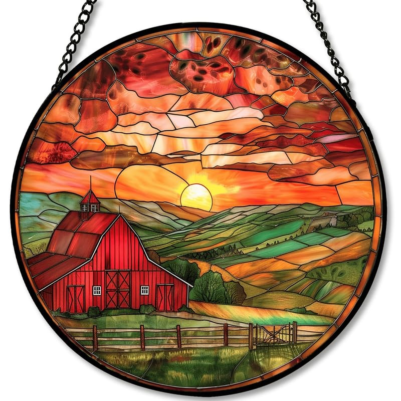 “Stained Glass Sun Catcher – 7.8in Farmhouse Sunset Wall Decor for Home”