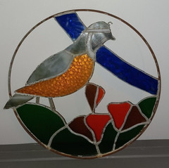 Antique Stained Glass Sun Catcher Quail Round 12” Brown Blue Rare EXQUISITE