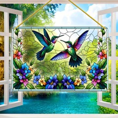 Delicate Colourful Bird Pattern Painted Window Hanging Rectangle Acrylic