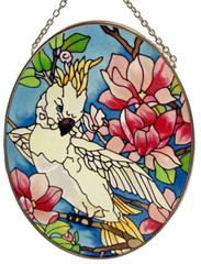 White Cockatoo Painted Glass Oval Sun Catcher 5.25″ x 7″