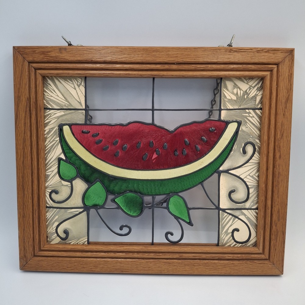 Jeanne Chris Sowell Stained Glass Watermelon Framed Suncatcher Art Texas Lady