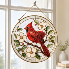 Cardinal Suncatcher Red Bird Floral Acrylic Window Hanging Decor
