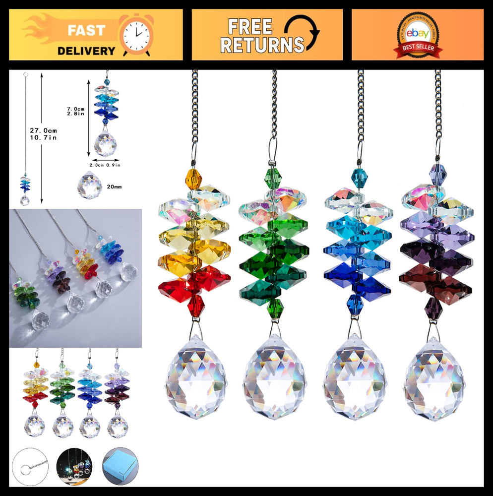 4PCS Crystal Sun Catchers for Windows – Rainbow Maker Prism Decor, 10.5″ Beads