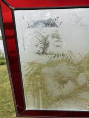 Etched Glass Gild Hugging Santa Suncatcher, Wall Hanging Art 12.5” X 10.5” @72