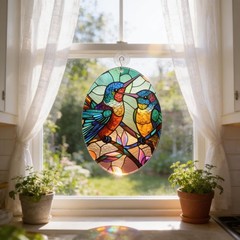 Hummingbird Pair Glass Suncatcher, Garden Window Decor
