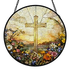 Christian Cross Stained Glass Suncatcher – Wildflower Wall Art Decor 7.9″