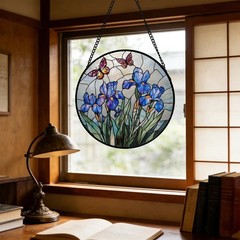 DASTOLL Stained Glass Window Hanging, Blue Iris Flowers 7.8×7.8 IN, Purple