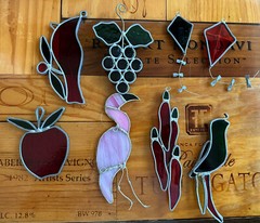 Vintage stained glass sun catchers bird, flamingo, peppers, kites, grapes, apple