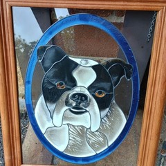 Vintage Wood Framed Stained Glass Bulldog Sun Catcher 17″ Wall Hanging Art