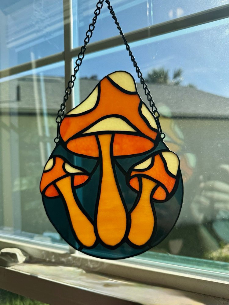 Stained Glass Orange Mushroom Window Suncatcher w/ Chain Hanging Decor