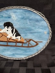 Stained Glass Hand Decorated Oval Shaped Sun Catcher With Dog Sled And Puppy