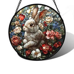 “Stained Glass Rabbit Suncatcher Floral Window Decor for Home Gifts 7.8×7.8”