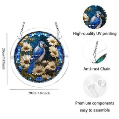 Blue Jay White Daisy Floral Stained Acrylic Puzzle Suncatcher Window Decor