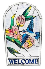 Handmade Hummingbird Stained Glass Welcome Sign Window Panel Suncatcher 19.5″