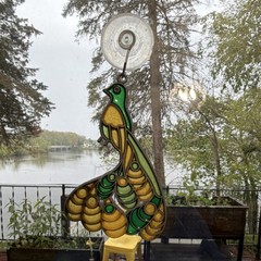 Antique Green Gold Bird Stained Glass Style Window Suncatcher, Glass Metal