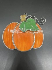 Leaded Stain Slag Glass Orange Pumpkin Hanging Suncatcher 4″ Window Decor