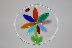 Vintage Clear Glass Multi ~ Color Flower With Lady Bug Window Sun Catcher