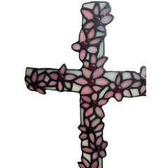 Stained Glass Pink Flowers Christian Cross Suncatcher 10.75″x8″ Large Handmade