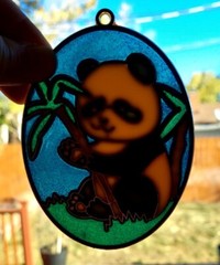 Panda Bear and Bamboo Vintage Oval Sun Catcher Stained Glass 5”