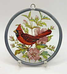 Vintage Round Painted Glass Cardinal Bird and Flowers Window Hanging Suncatcher