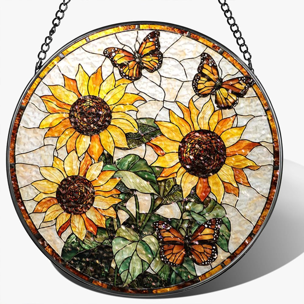 Stained Glass Suncatcher Window Hanging, 7.8 x 7.8 in | Sunflower and Butterfly