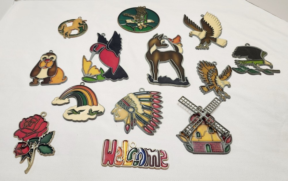 Lot Of 13 Vintage Metal Acrylic Suncatchers Eagle Indian Bambi Dog Rainbow Birds
